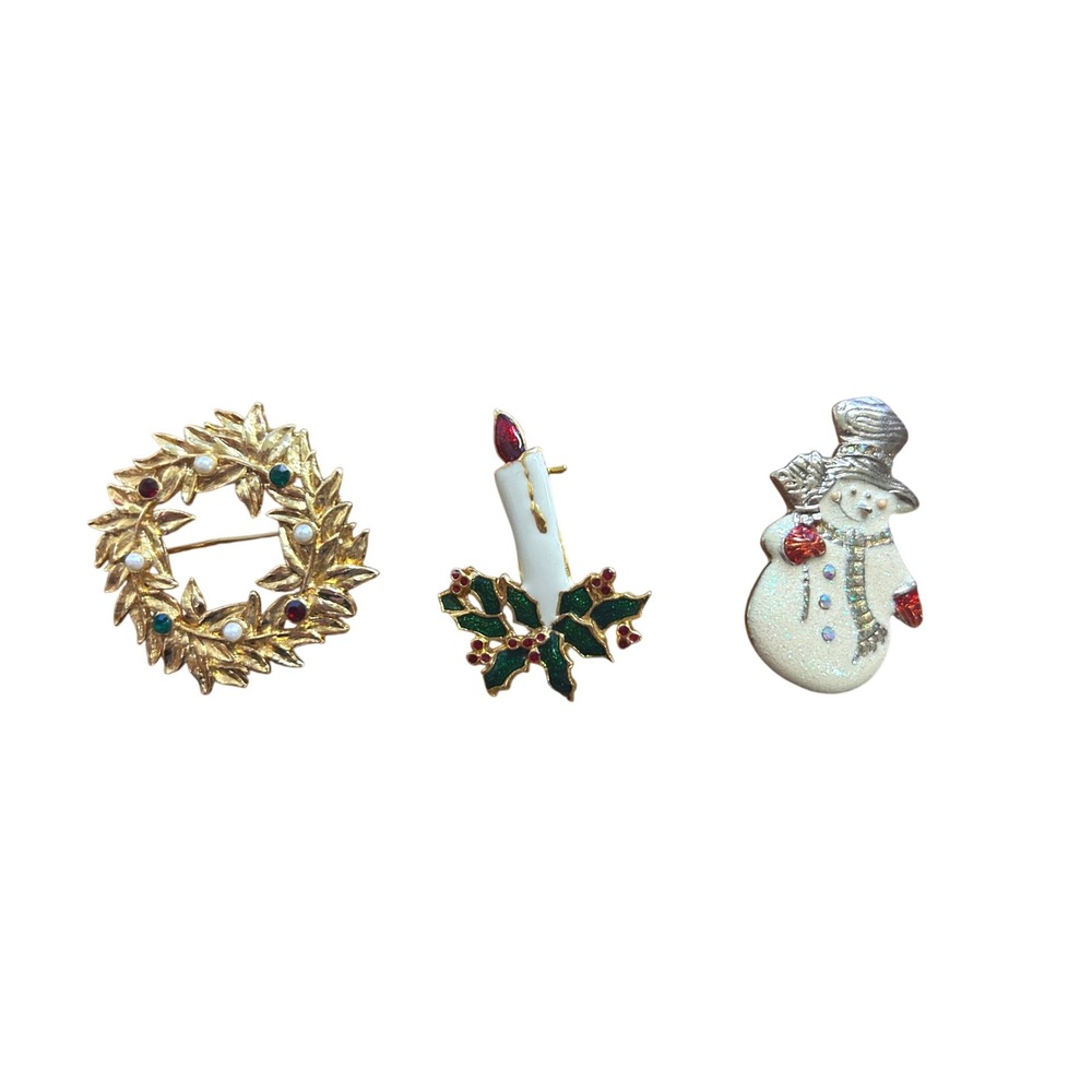 Vintage Style Christmas Brooch Lot Wreath Candle Snowman Enamel Rhinestone 3pc